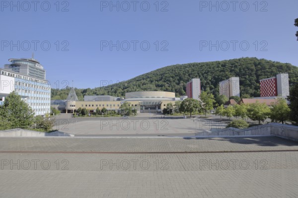 Cityscape with Congress Centrum, modern high-rise buildings, congress centre, congress, centre, vehicle museum, Platz der deutschen Einheit, Suhl, Franconia, Thuringia, Germany