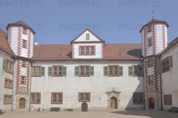 Inner courtyard of the Renaissance Wilhelmsburg Castle with corner turrets, Schmalkalden, Franconia, Thuringia, Germany
