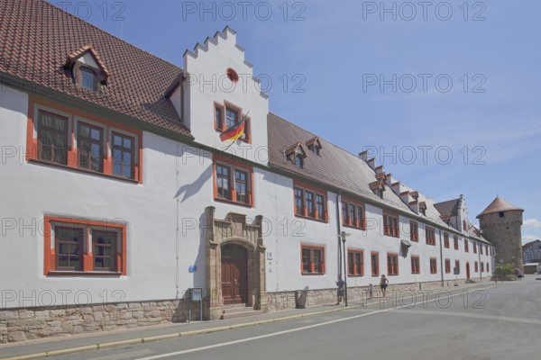 Thuringian State Office for Land Management and Geoinformation and historic powder tower, Schmalkalden, Franconia, Thuringia, Germany
