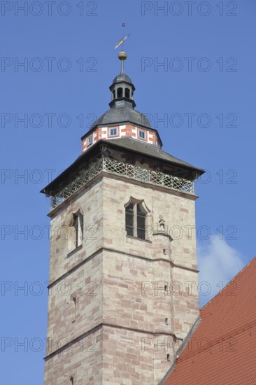 Late Gothic church tower of St George's Church, Altmarkt, Schmalkalden, Franconia, Thuringia, Germany