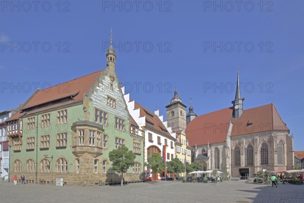 Town Hall and late Gothic St. George's Church, pedestrians, houses, St. George's Church, Old Market Square, Schmalkalden, Franconia, Thuringia, Germany