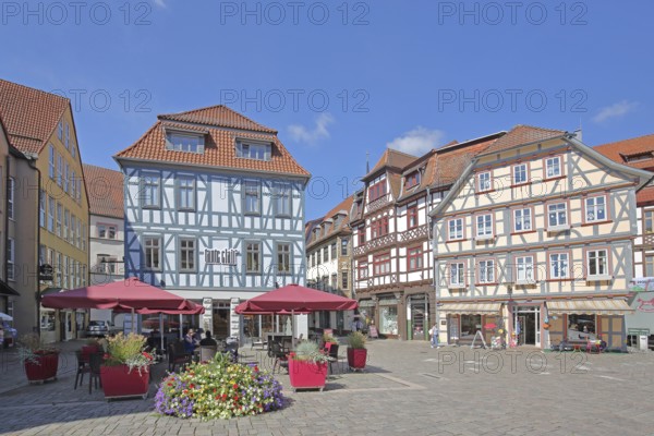 Half-timbered houses and street pub, Salzbrücke, Schmalkalden, Franconia, Thuringia, Germany