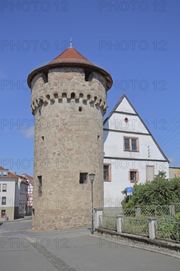 Historic powder defence tower, defence tower of the former town fortifications, Schmalkalden, Franconia, Thuringia, Germany