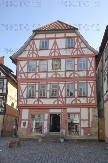 Red half-timbered house, Lutherhaus, Lutherplatz, Schmalkalden, Franconia, Thuringia, Germany