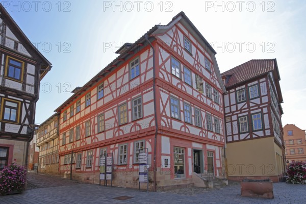 Red half-timbered house, Lutherhaus, Lutherplatz, Schmalkalden, Franconia, Thuringia, Germany