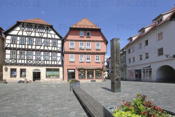 Half-timbered houses and meteorological weather station, weather pillar, measuring station, empty bench, Lutherplatz, Schmalkalden, Franconia, Thuringia, Germany