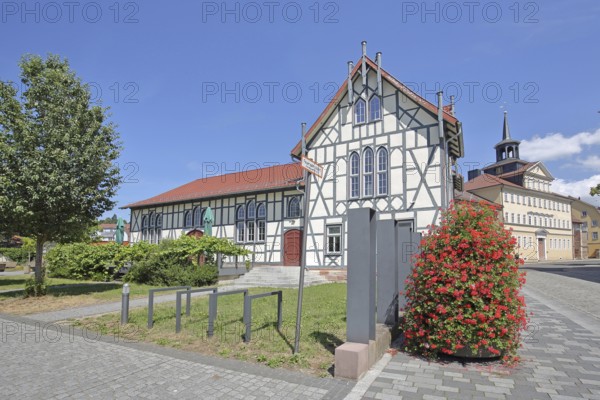 Old school and former hospital, white half-timbered house, Schmalkalden, Franconia, Thuringia, Germany