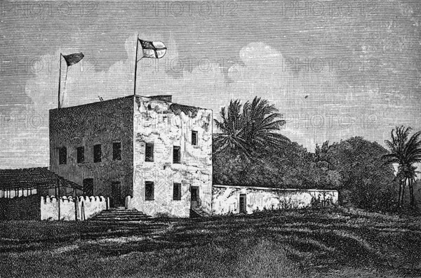 German station house in Bagamoyo, square building, former colony German East Africa, German flag, tropical vegetation, palm trees, Tanzania, historical illustration 1986