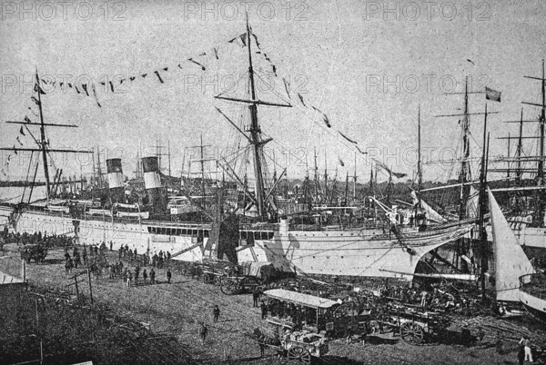Sailing and steam ship in Buenos Aires harbour, quay facilities, crowd, tram, horse-drawn carts, numerous ships, Argentina, historical illustration 1986