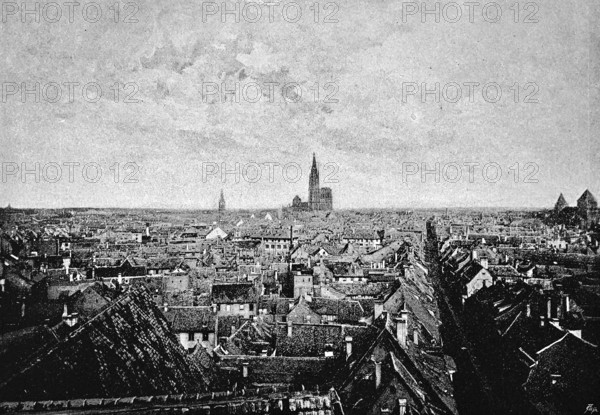 Cityscape of Strasbourg with Strasbourg Cathedral, sea of houses, streets, Alsace, France, historical illustration 1986
