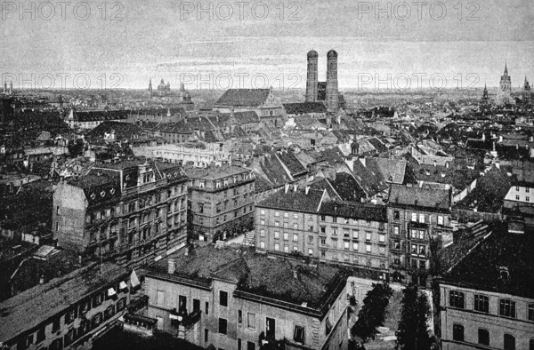 Cityscape of Munich with Roman Catholic Church of Our Lady, Cathedral of Our Lady, twin-towered church, late Gothic architecture, residential building, Bavaria, Germany, historical illustration 1986