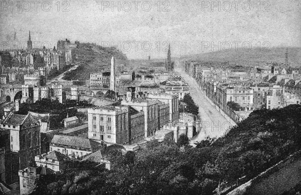 Edinburgh with Edinburgh Castle and Princess Street, cityscape seen from Calton Hill, Obelisk, Georgian Houses, Scottish capital, Midlothian, Scotland, Great Britain, historical illustration 1986