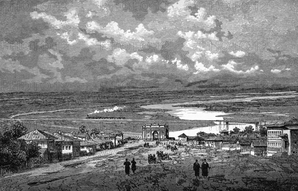 Steppe landscape in the south of Russia, village, city gate, road, water, railway, wide plain, people, historical illustration 1986