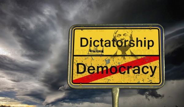 Symbolic image, Trump as US dictator, no more United States, democracy versus autocracy, Donald Trump sees himself as a ruler above the law, US democracy in danger, political blackmail, EU and Germany under political pressure, industry, tariff threats, Elon Musk, Mark Zuckerberg, social networks, fake news, rights broken, hate, agitation, DSG Digital Services Act, re-election, USA, politics, announcements, vendetta, wanted dictator, Republicans, US electoral system, global danger, lies, 2nd term, global strain, Ukraine war, storm White House, storm White House, Donald Trump as US dictator. term, global burden, Ukrainian war, White House storm
