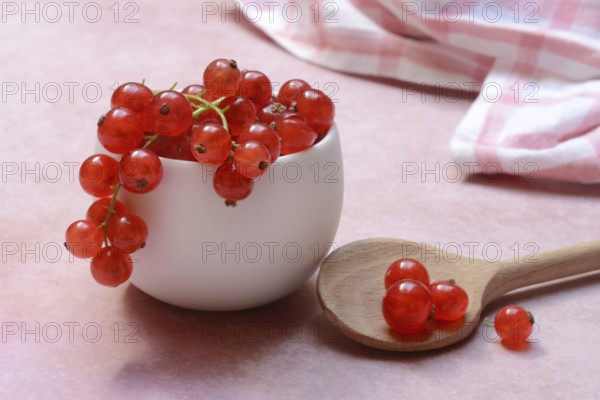 Redcurrants in small bowls and wooden spoon, Ribes rubrum