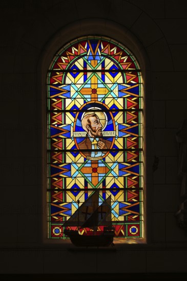 Interior view, church window with sailing ship, Église Saint Martin church, Yport, Normandy, Seine-Maritime, France