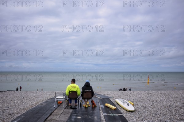 Lifeguard, lifeguard, pebble beach, beach, sea, Yport, Normandy, Seine-Maritime, France