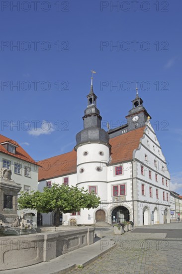 Renaissance Town Hall with Duke George Fountain, Market Square, Hildburghausen, Franconia, Thuringia, Germany