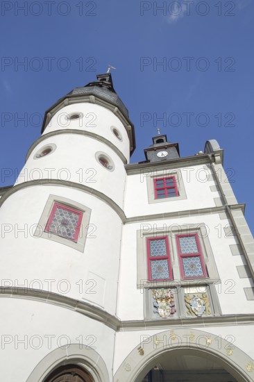 Renaissance town hall with turret and town coat of arms, view upwards, perspective, market square, Hildburghausen, Franconia, Thuringia, Germany