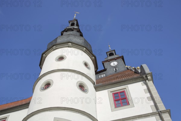 Renaissance town hall with turret, view upwards, perspective, market place, Hildburghausen, Franconia, Thuringia, Germany