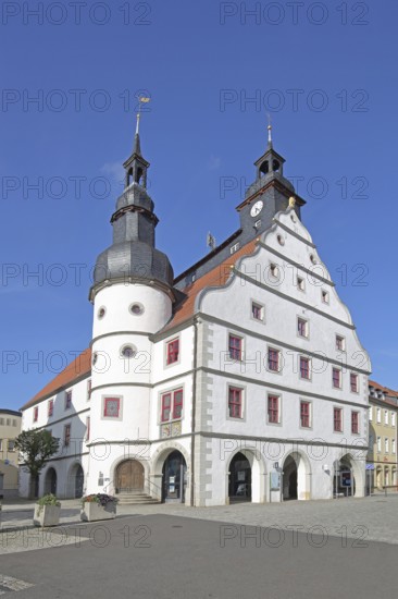Renaissance town hall with turrets, market square, Hildburghausen, Franconia, Thuringia, Germany