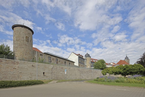 Towers with historic town wall and Christuskirche, town fortification, building, Luisenblick, Hildburghausen, Franconia, Thuringia, Germany