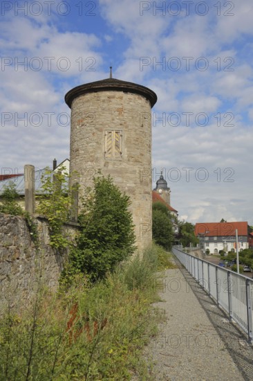 Tower of the historic town fortifications, town wall, Luisenblick, Hildburghausen, Franconia, Thuringia, Germany
