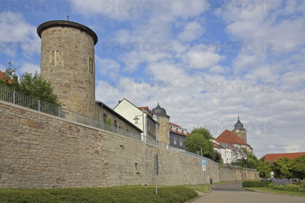 Towers with historic town wall, town fortifications, Christuskirche, Luisenblick, Hildburghausen, Franconia, Thuringia, Germany