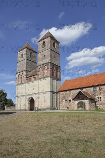 Romanesque St Mary's Collegiate Church with twin towers, church ruins, museum, Veßra Monastery, cobblestone, Thuringia, Germany