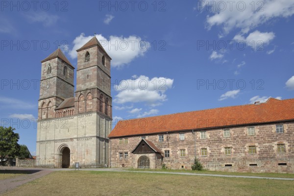 Romanesque St Mary's Collegiate Church with twin towers, church ruins, museum, Veßra Monastery, cobblestone, Thuringia, Germany