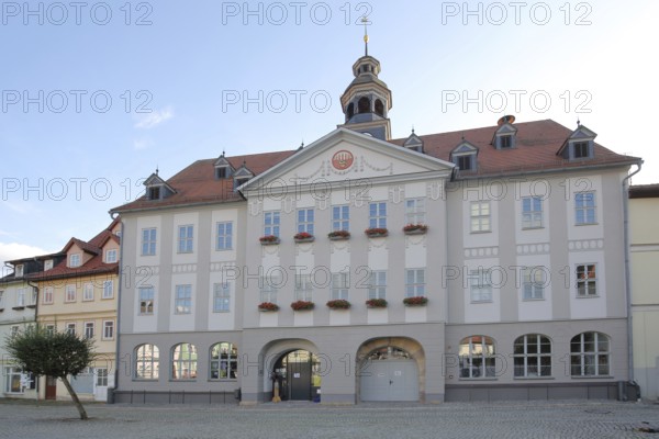 Baroque town hall built in 1711, market square, Themar, cobblestone, Thuringia, Germany