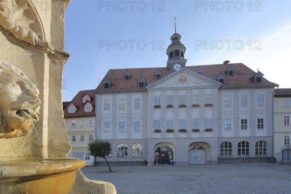 Baroque town hall built in 1711 and market fountain with lion figure, gargoyle, water jet, detail, lion's head, market square, Themar, cobblestone, Thuringia, Germany