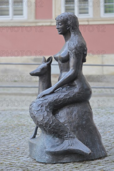 Landmark Slusia, mermaid, fairy, deer figure, female figure, town history, legend, town hall, Schleusingen, Thuringia, Germany