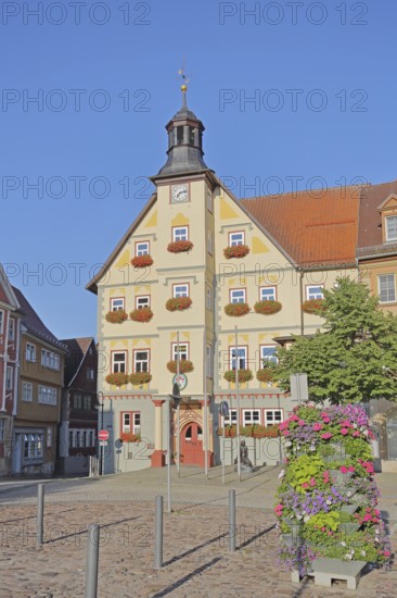 Market square with floral decoration and town hall, Schleusingen, Thuringia, Germany