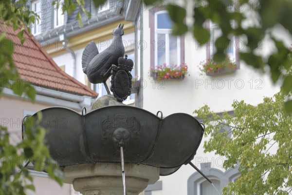 Hennebrunnen fountain with sculpture and coat of arms with crown, bird figure, market square, town hall, Ilmenau, Thuringian Forest, Thuringia, Germany