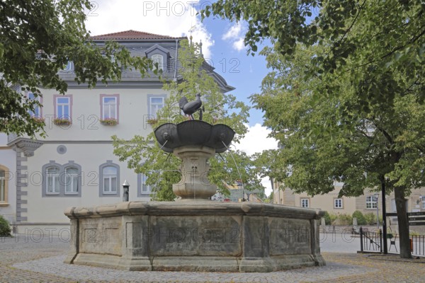 Hennebrunnen fountain with sculpture, bird figure, market square, town hall, Ilmenau, Thuringian Forest, Thuringia, Germany