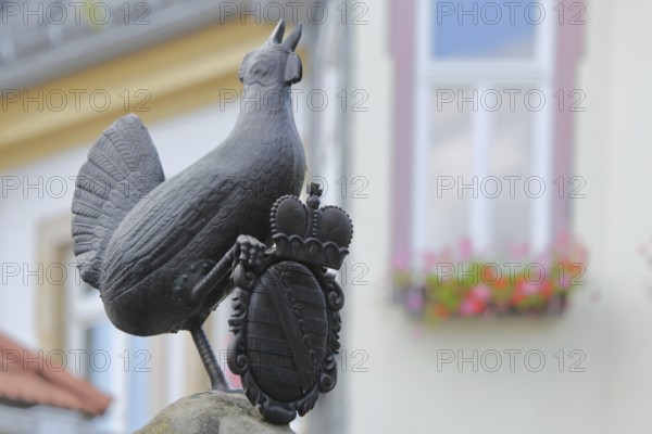 Grey bronze sculpture and coat of arms with crown at the Hennebrunnen fountain, bird figure, screaming, tail feathers, market square, Ilmenau, Thuringian Forest, Thuringia, Germany