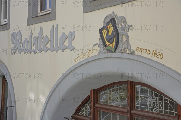 Council cellar with inscription and town coat of arms, year, anno, 1426, window, town hall, market square, Ilmenau, Thuringian Forest, Thuringia, Germany