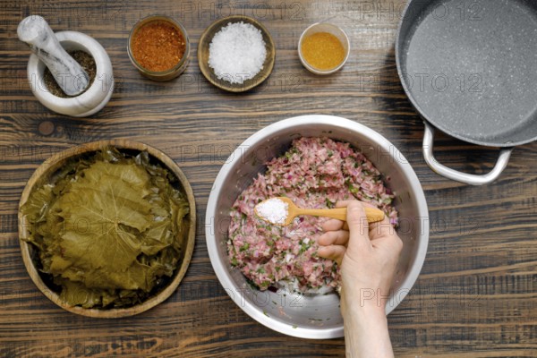 Adding sea salt into a bowl with minced lamb meat. Hands are preparing a flavorful filling for dolma, mixing meat and rice with spices