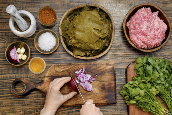 Preparing dolma involves finely chopping onions and mixing them with spices, rice, and ground meat. Fresh grape leaves and herbs sit nearby in a cozy kitchen setting, ready for cooking