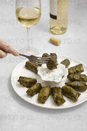 Dolma is served beautifully on a plate alongside a tangy yogurt dip, capturing the essence of home cooking. A glass of white wine complements the meal, enhancing the dining experience