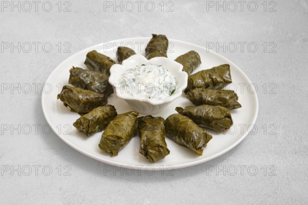 A plate of homemade dolma sits on a kitchen counter, showcasing tender grape leaves filled with rice, meat and herbs. A small dish of yogurt dip accompanies the savory rolls, enhancing the flavor