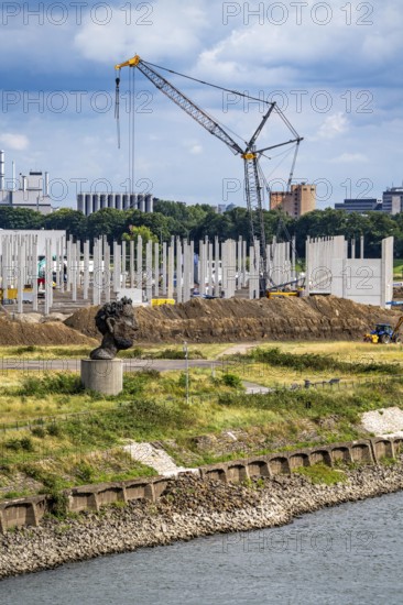 Construction of a new logistics hall on the Mercatroinsel, Hall 2, next to an existing hall, approx. 25, 000 square metres in size, in Duisburg-Ruhrort, shell construction, sculpture The Echo of Poseidon on the Rhine, North Rhine-Westphalia, Germany