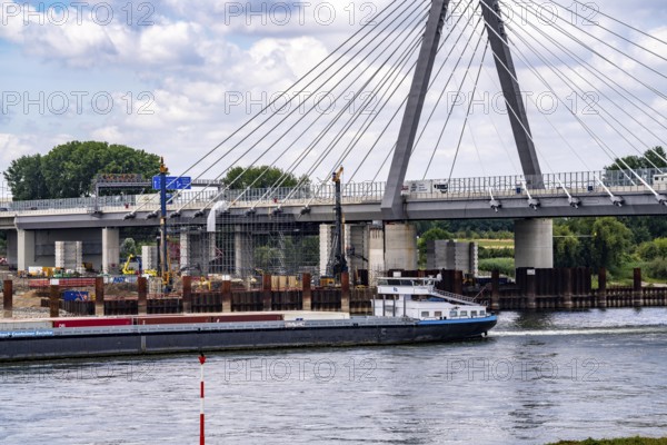 New construction of the second motorway bridge of the A1 over the Rhine near Leverkusen, after completion of the first bridge, the old one was demolished, the second part of the bridge, for a total of 8-lane expansion, new construction is currently underway at the same location, Leverkusen, North Rhine-Westphalia, Germany