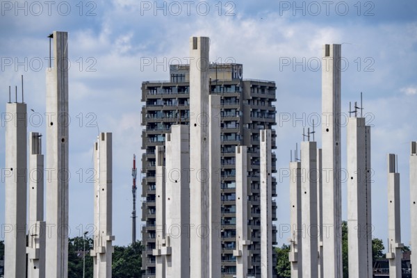 Construction of a new logistics hall on the Mercatroinsel, Hall 2, next to an existing hall, approx. 25, 000 square metres in size, in Duisburg-Ruhrort, shell construction, behind residential hotel tower in Duisburg Homberg, North Rhine-Westphalia, Germany