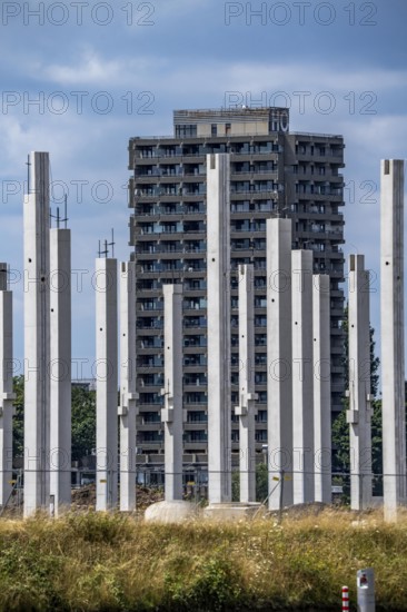 Construction of a new logistics hall on the Mercatroinsel, Hall 2, next to an existing hall, approx. 25, 000 square metres in size, in Duisburg-Ruhrort, shell construction, behind residential hotel tower in Duisburg Homberg, North Rhine-Westphalia, Germany