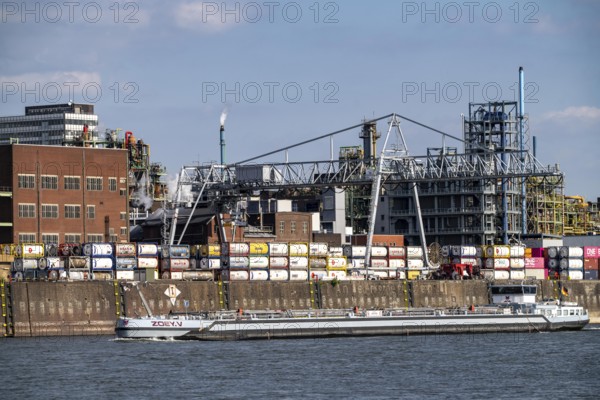 Scenery of Chempark Leverkusen, Bayer Leverkusen, chemical park, chemical plant, river Rhine, cargo ship, North Rhine-Westphalia, Germany