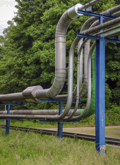 Bottrop, North Rhine-Westphalia, Germany - Ruhr Öl GmbH (BP Gelsenkirchen) long-distance pipelines. Refined petroleum products (e.g. diesel, petrol, jet fuel, heating oil, petrochemical intermediates) are delivered to the Bottrop tank farm via pipelines in the long-distance pipeline network and transhipped via the Rhine-Herne Canal