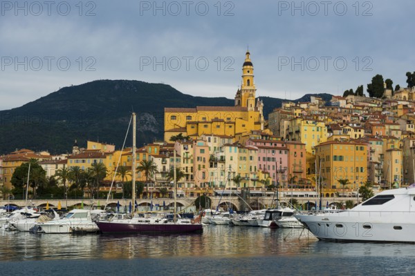Town with colourful houses by the sea, sunrise, Menton, Alpes Maritimes, Provence Alpes Cote d'Azur, French Riviera, South of France, France