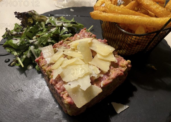 Portion of tartare, parmesan cheese, beef, French fries, salad, Étretat, Normandy, Seine-Maritime, France